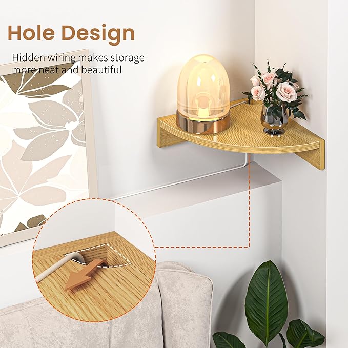 Fun Memories Corner Shelf Wall Mount, Wood Floating Corner Shelves, Corner Wall Shelf for Bedroom, Bathroom, Kitchen, Living Room (Oak, 3 Pack)