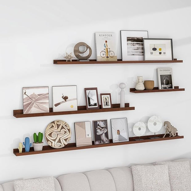 Picture Ledge Wall Shelves 36 inch Width Set of 2, Solid Pine Wood Rustic Floating Ledge Shelves for Wall for Kids' Room Bedroom Kitchen Bathroom Living Room Nursery Display Wall Decor, Walnut