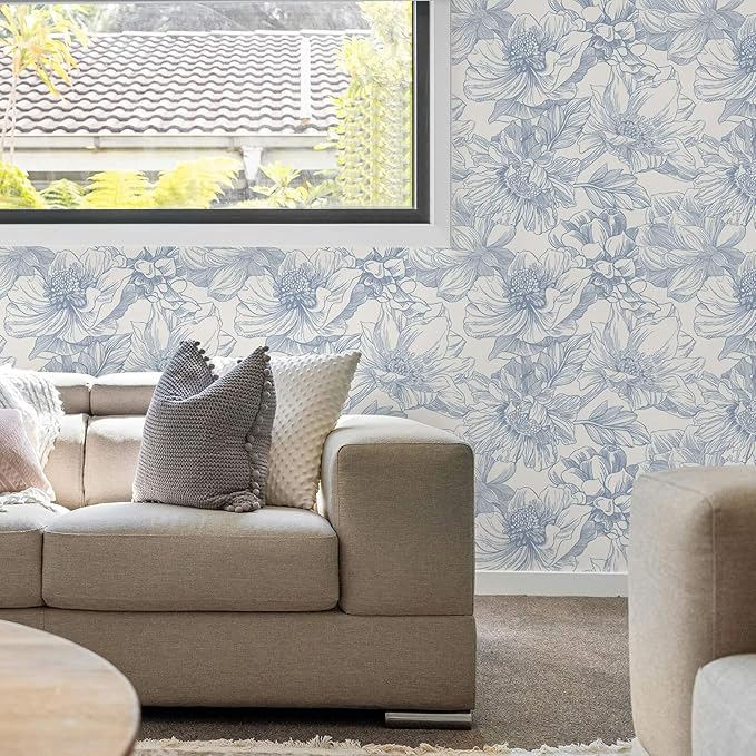 Ismoon Vintage Floral Wallpaper Peel and Stick Beige and Blue Contact Paper 17.3inx6.5ft Removable Self Adhesive Wall Paper for Bathroom Bedroom Cabinet Mural Wall Decor Vinyl Renter Friendly