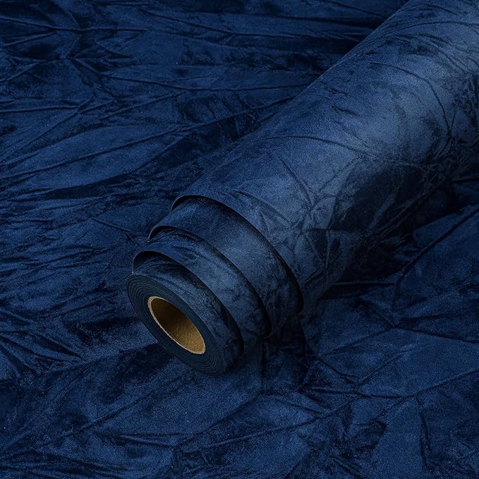 LACHEERY Navy Blue Felt Fabric Wallpaper Textured Velvet Paper Roll 15.8"x275" Self Adhesive Dark Blue Velvet Drawer Liner Contact Paper Peel and Stick Felt Wallpaper for Crafts Drawer Shelf Liner