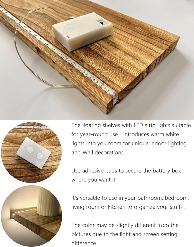 Floating Shelves for Wall Decor Wood Wall Mounted Shelves with LED Lights Set of 2, Sturdy Rustic Wood Shelves Farmhouse Shelf Hanging for Bathroom, Bedroom, Living Room, Kitchen (Battery powwer)