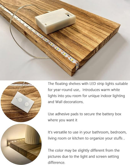 Floating Shelves for Wall Decor Wood Wall Mounted Shelves with LED Lights Set of 2, Sturdy Rustic Wood Shelves Farmhouse Shelf Hanging for Bathroom, Bedroom, Living Room, Kitchen (Battery powwer)