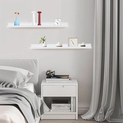 Muzilife 35.4" Large Floating Wall Ledge Shelves with Lip - Set of 2 Wood Floating Shelves - White Wall Mounted Picture Ledge for Office, Bathroom, Bedroom, Living Room, Kitchen