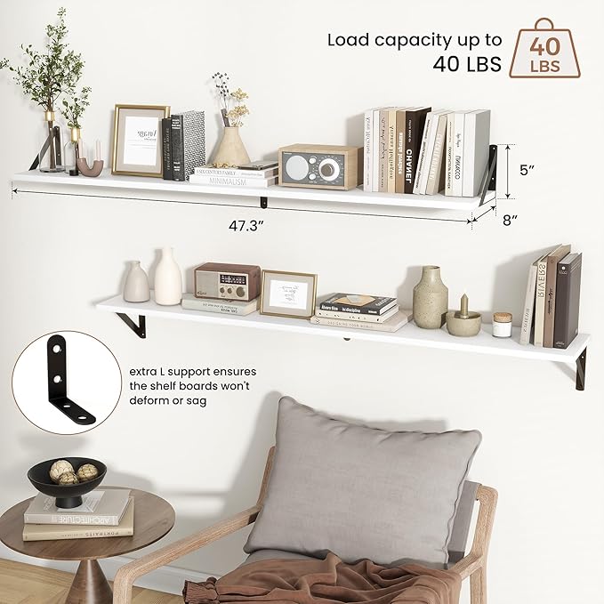 Axeman 48 Inch Floating Shelves | 8 Inch Deep White Wall Shelves Set of 2 | 47.3" W x 8" D Rustic White Wood Shelves for Bathroom Kitchen Living Room