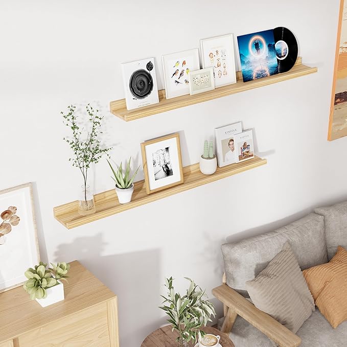 RICHFOCUS Floating Shelves for Wall, 48 inch Solid Wood Picture Ledge Shelf for Wall Storage, Nursery Book Shelves with Lip for Living Room Bathroom Bedroom Kitchen, Set of 2, Natural