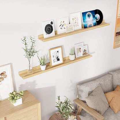 RICHFOCUS Floating Shelves for Wall, 48 inch Solid Wood Picture Ledge Shelf for Wall Storage, Nursery Book Shelves with Lip for Living Room Bathroom Bedroom Kitchen, Set of 2, Natural