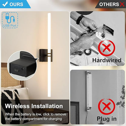 Battery Operated Wall Sconce 1Pack, Black Rechargeable Wall Lights with Dimmable Remote Control, 30 Inch 3000K-6000K LED Wireless Wall Lamps for Bedroom, Hallway, Background Wall