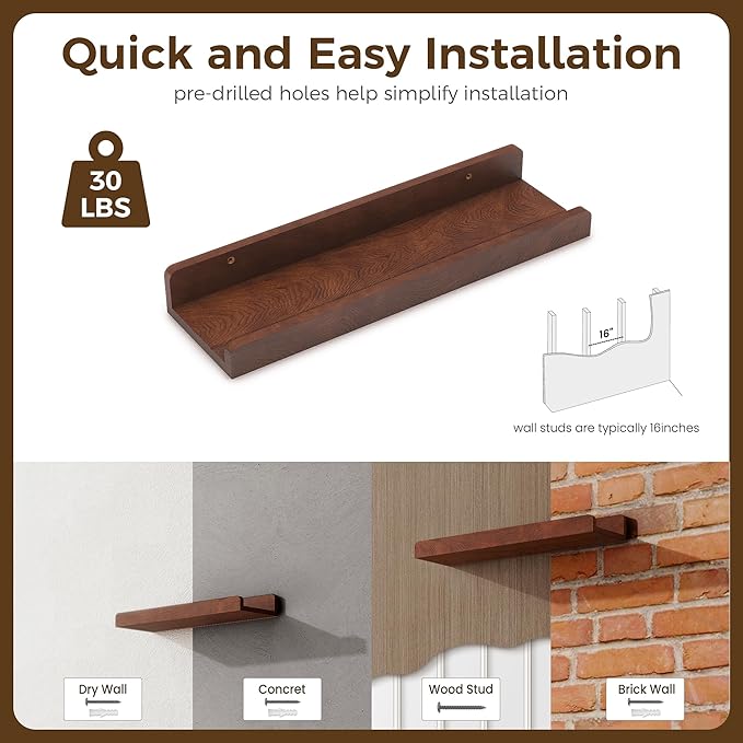 Floating Shelves for Wall - Wood Picture Ledge Shelf Set of 2 - Dark Wood Wall Shelves with Lip - Walnut Picture Frame Shelf