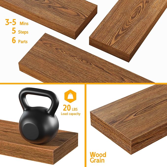 BAMEOS Floating Shelves,40 in W x 8in D Wall Mounted Wooden Shelves with Invisible Brackets Set of 2, Hanging Wall Shelves Decoration for Bedroom, Bathroom, Living Room and Kitchen