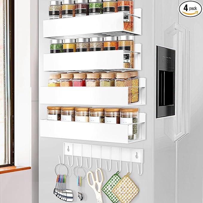Magnetic Spice Rack Organizer for Fridge Seasoning Organizer for Kitchen storage with Screw Magnetic Shelf with Hook for Refrigerator and Oven (4pack1hook-White)
