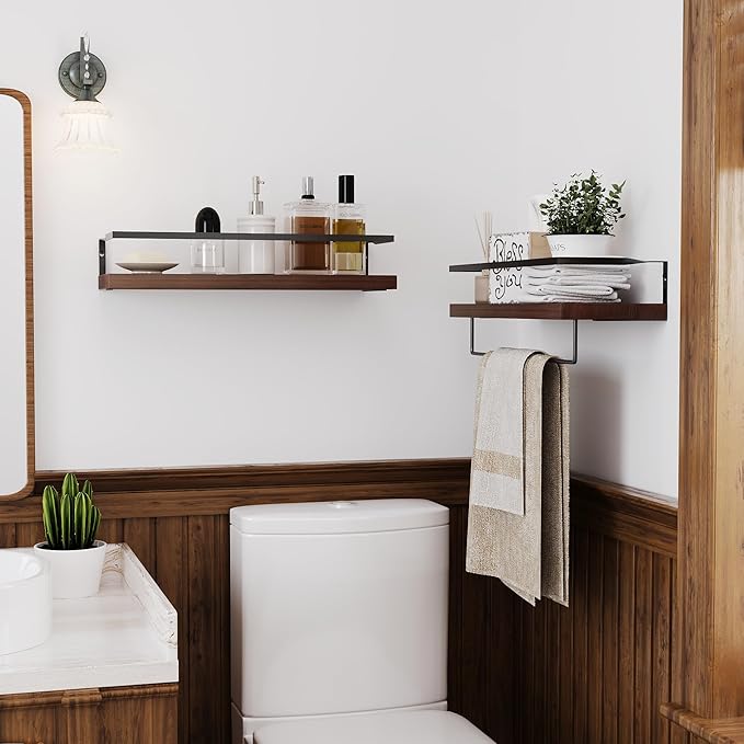 Wood Floating Shelves Wall Mounted - 2+1 Tier Rustic Bathroom Wall Shelves Over Toilet with Towel Bar, Natural Wood Set of 2 Farmhouse Floating Shelf for Bathroom, Kitchen, Bedroom, Dark Brown