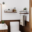 Wood Floating Shelves Wall Mounted - 2+1 Tier Rustic Bathroom Wall Shelves Over Toilet with Towel Bar, Natural Wood Set of 2 Farmhouse Floating Shelf for Bathroom, Kitchen, Bedroom, Dark Brown