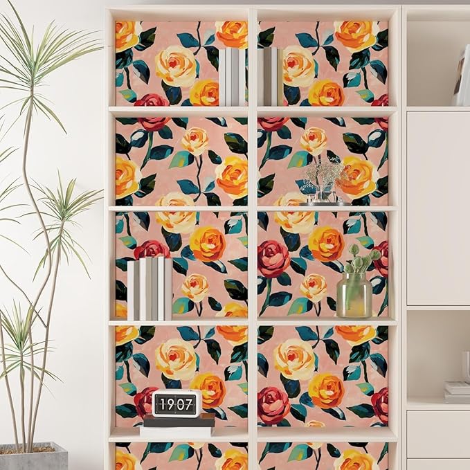 Pink Floral Wallpaper Peel and Stick, Watercolor Orange/Yellow Rose Contact Paper 17.5" x 118", Boho Wall Paper Self Adhesive Waterproof Removable for Girl Bedroom Shelves Cabinet Drawer Table Decor