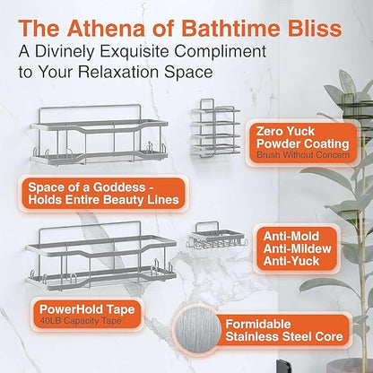 Shower Caddy Bathroom Shelves, The Athena Silken 4 Set, 40LB Capacity, Adhesive Tape No Drill - Rustproof -Gorgeous Powder Coated 304 Stainless Steel Shower Organizer for kitchen & Home Decor - Silver