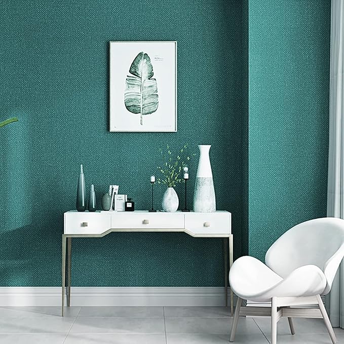 Yancorp Textured Fabric Emrald Green Peel and Stick Wallpaper - Faux Grasscloth, Linen, Removable - 24