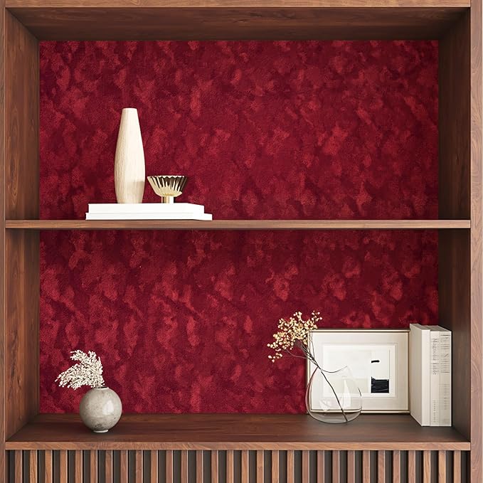 Wallercity Deep Red Velvet Peel and Stick Wallpaper Flocking Fabric Contact Paper for Jewelry Box Dresser Cabinets Self Adhesive Wine-red Felt Flocking Wall Paper for Shelf Liner Drawers 15.8''x236''