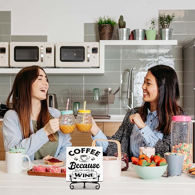 Coffee Bar Decor, Farmhouse Kitchen Table Decor, Coffee Station Accessories, Wooden Decorative Sign with Iron Stand for Table Desk Shelf Display-E19