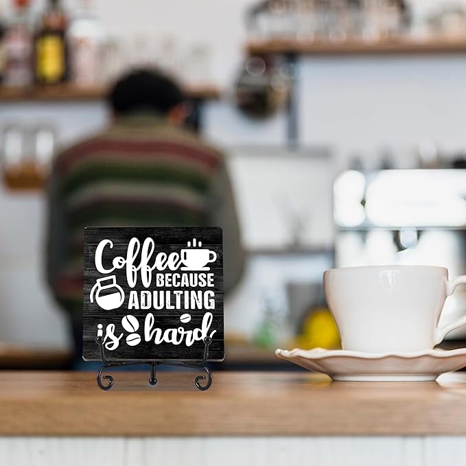 Coffee Bar Decor, Farmhouse Kitchen Table Decor, Coffee Station Accessories, Wooden Decorative Sign with Iron Stand for Table Desk Shelf Display-E16