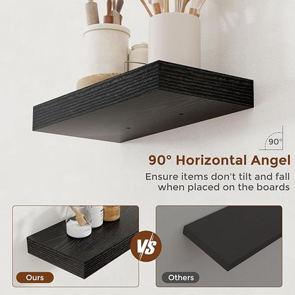 Heimlove 16 Inch Floating Shelves for Wall Black Shelves Set of 2,Wall Mounted Rustic Wood 8 Inch Deep Floating Shelf with Invisible Brackets for Bedroom Kitchen Living Room