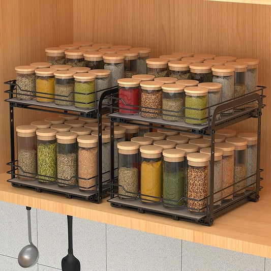 2-Tier Spice Rack, Pull Out Cabinet Organizer Spice Racks Height Adjustable Heavy Duty Metal Basket for Inside Cabinets & Pantry Closet(9.5''Wx10.5''Dx9.5''H)
