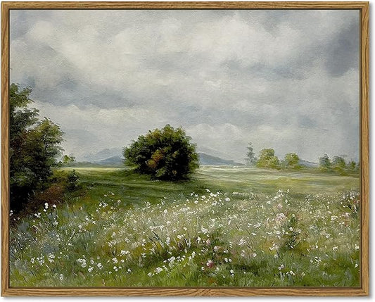 SHENIFY Vintage Landscape Framed Canvas Wall Art Grassland Classic Painting Modern Farmhouse Kitchen Office Decor - 11x14in Natural Framed