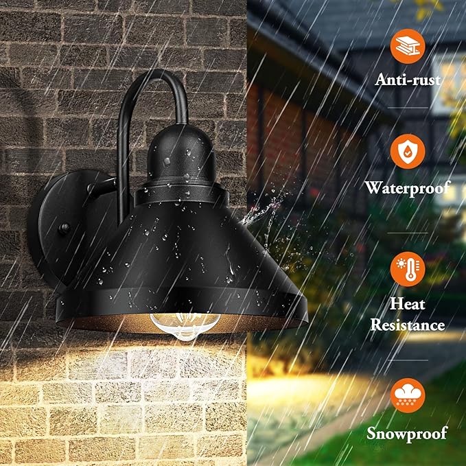 Brightever Gooseneck Outdoor Light Fixtures, 2-Pack Farmhouse Barn Lights for Porch, Industrial Black Exterior Wall Sconce for Garage, Patio, E26 Base Anti-Rust, Bulb not Included