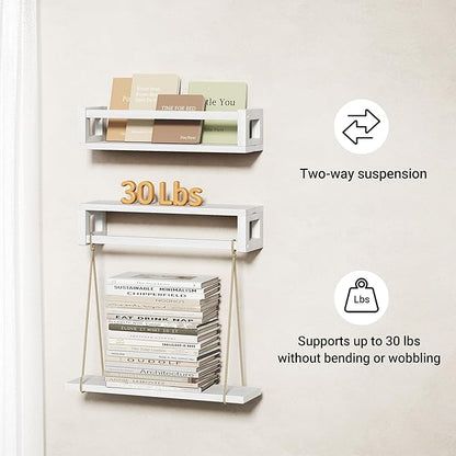 Upgraded Thick Floating Shelves, Solid Wood Bookshelf for Wall, Floating Book Shelves Use as Wall Shelves for Bedroom, Kids Room, Nursery, Books, Spice Rack & Decor - White