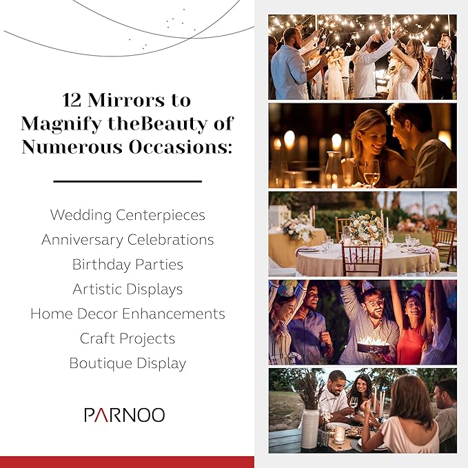8 Inch Round Mirror Plate, Set of 12-1.5mm Thick Glass Plate Mirror Tiles w/Smooth Edges - Perfect Candle Wedding Centerpiece Table Decorations, Home Accent Wall Decor, & More - PARNOO