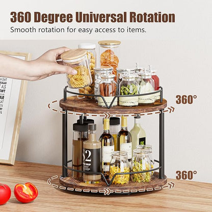 KLM 12" Wood Lazy Susan, Rotating Spice Rack, 2 Tier Spice Turntable Organizer, Industrial Turntable Spice Holder, for Kitchen Countertop and Cabinet, Compact and Versatile, Rustic Brown