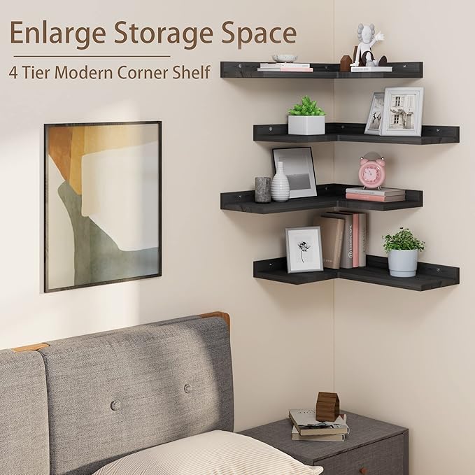 4 Tier Floating Corner Shelves Black Set of 4, Rustic Pine Wooden Floating Corner Wall Shelf for Wall Décor Storage, L Shaped Corner Shelf Wall Mount For Bedroom, Living Room, Bathroom, Kitchen.