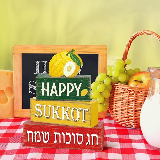Marsui 4 Pcs Happy Sukkot Table Decor Rustic Sukkah Decorations Etrog Wooden Signs Centerpiece Farmhouse Sukkot Tiered Tray Decor for Home Office Desk Jewish Festival Decorations