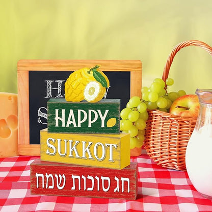 Marsui 4 Pcs Happy Sukkot Table Decor Rustic Sukkah Decorations Etrog Wooden Signs Centerpiece Farmhouse Sukkot Tiered Tray Decor for Home Office Desk Jewish Festival Decorations