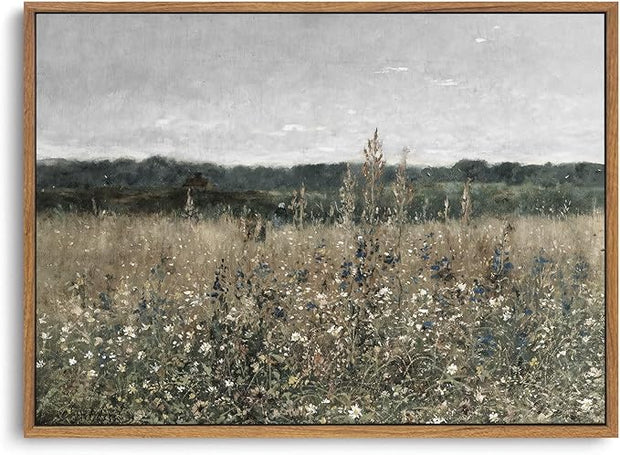 OIQArtOIQ Vintage Framed Wall Art Wildflower Field Meadow Canvas Art Prints Rustic Farmhouse Landscape Pictures Wall Decor Modern Cottagecore Paintings Artwork For Bedroom Bathroom Office Living Room