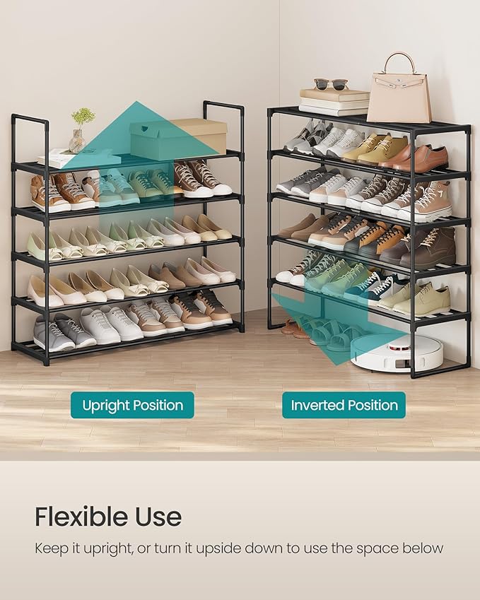 SONGMICS Shoe Rack, 5-Tier Shoe Organizer, Metal Storage Shelf, Upright or Upside Down, for 20-25 Pairs, Stackable, for Entryway, 11.8 x 36.2 x 35.4 Inches, Black ULSA305BH01