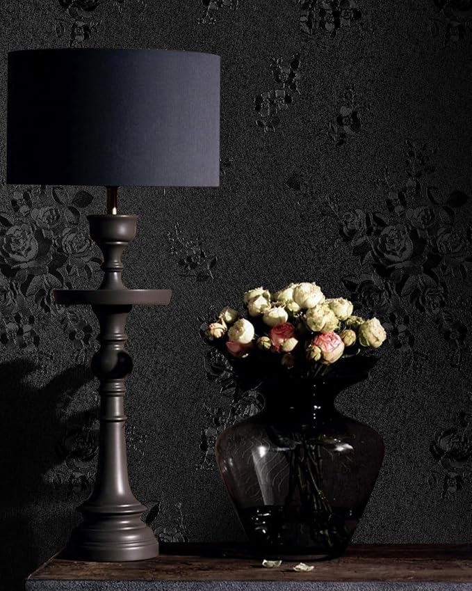 Black Peel and Stick Wallpaper Floral Black Wallpaper 17.7inch x 393.7inch Embossed Flower Contact Paper Peel and Stick Textured Self Adhesive Removable Wall Paper Floral Vinyl for Cabinets