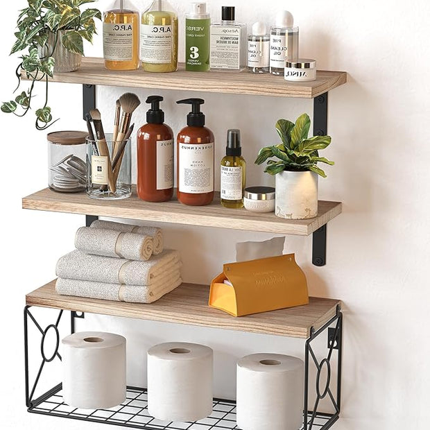Amada Bathroom Shelves Over Toilet with Storage Basket, Floating Wall Shelf for Home Organization & Wall Decor, Bathroom/Kitchen/Living Room Shelves–Natural Wood