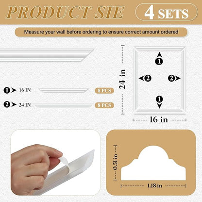 4 Set Peel and Stick Wall Molding Trim Kit, Premade Wainscoting Panels, White Pre Cut Wall Panels for Interior Wall Decor, DIY Home Decoration Picture Frame (16 x 24 Inch)