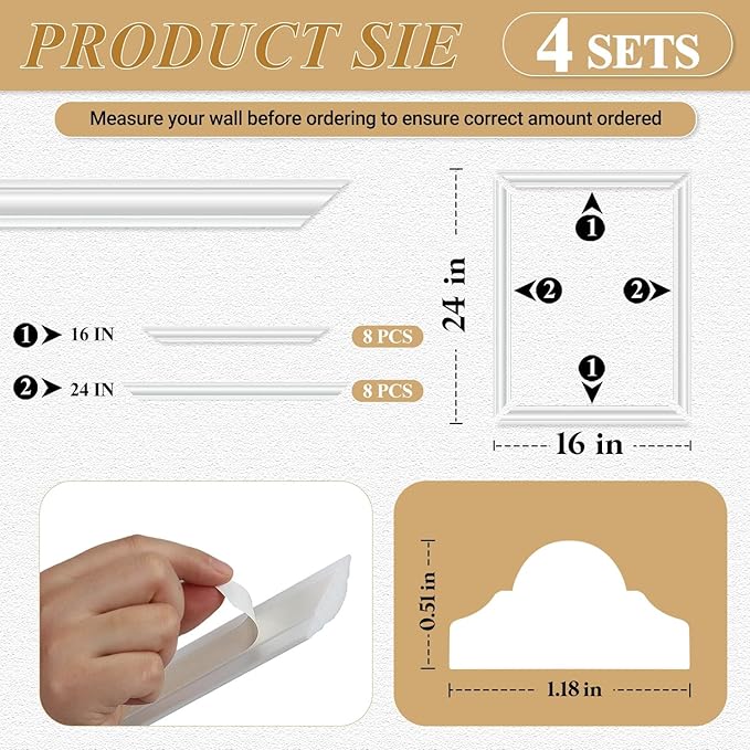 4 Set Peel and Stick Wall Molding Trim Kit, Premade Wainscoting Panels, White Pre Cut Wall Panels for Interior Wall Decor, DIY Home Decoration Picture Frame (16 x 24 Inch)