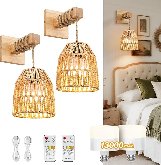 Rattan Wall Sconce, Battery Operated Wall Sconce, Rechargeable Sconces Set of 2 with 13000mAh Bulbs, Boho Wireless Battery Powered Lamp/Lights for Bedroom (Wood)