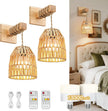 Rattan Wall Sconce, Battery Operated Wall Sconce, Rechargeable Sconces Set of 2 with 13000mAh Bulbs, Boho Wireless Battery Powered Lamp/Lights for Bedroom (Wood)