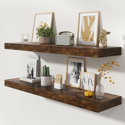 48 Inch Floating Shelves | 12 Inch Deep Floating Shelves Set of 2 | 48" W x 12" D Rustic Brown Wood Wall Shelves for Bathroom Living Room Kitchen Laundry Room