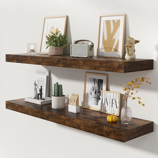 48 Inch Floating Shelves | 12 Inch Deep Floating Shelves Set of 2 | 48" W x 12" D Rustic Brown Wood Wall Shelves for Bathroom Living Room Kitchen Laundry Room
