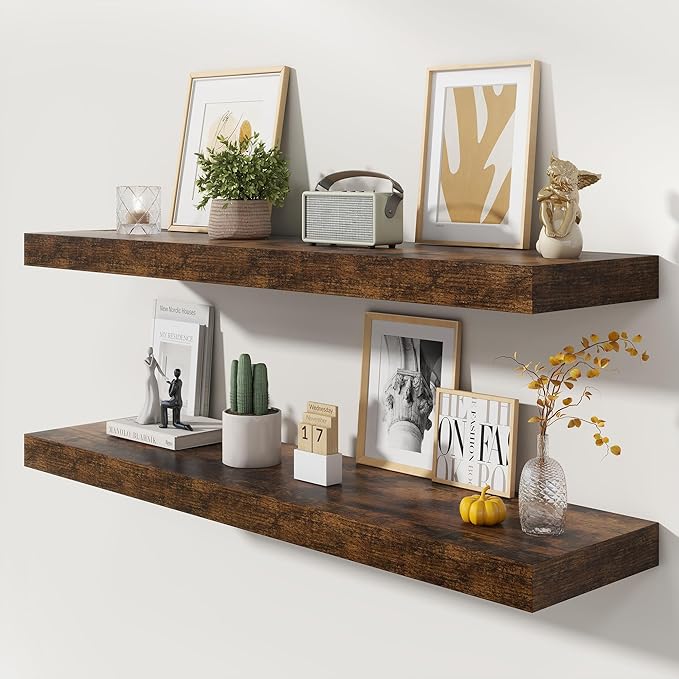 48 Inch Floating Shelves | 12 Inch Deep Floating Shelves Set of 2 | 48" W x 12" D Rustic Brown Wood Wall Shelves for Bathroom Living Room Kitchen Laundry Room