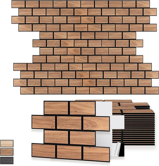 WoveN SounD Brick Acoustic Wall Panels, 16 Pack 16x12 Inch, Wood Veneer Carved Sound Proof Wall Decor, Self-Adhesive for Home, Studio, Office & Focus Zones, Teak