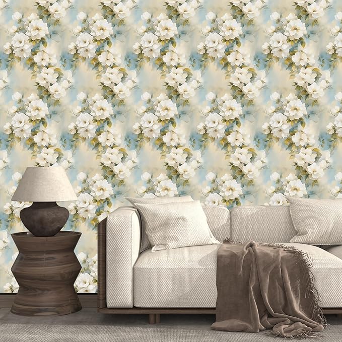 Floral Wallpaper Peel and Stick Vintage Beige Flowers Contact Paper Vinyl Waterproof Self Adhesive Removable Green leaf Modern Wall Murals for Bedroom Walls Shelves Cabinet Decoration 17.5