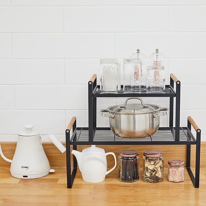 2-Pack Stackable Organizer Set-Versatile Storage Solution for Cabinets and Countertops-Kitchen and Pantry Shelf, Spice Rack - Space-Saving Design-Metal Wire-Black