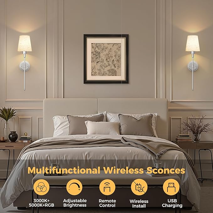 DORESshop Battery Operated Wall Sconce Set of 2, 7 Color Wireless Wall Light Easy to Install, Sconce Wall Decor Set of 2 for Bedroom, Living Room, Fabric Linen Shade, Chrome, 24.6in