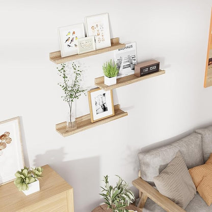 RICHFOCUS Floating Shelves for Wall, 24 inch Solid Wood Picture Ledge Shelf for Wall Storage, Nursery Book Shelves with Lip for Living Room Bathroom Bedroom Kitchen, Set of 3, Carbonized Black