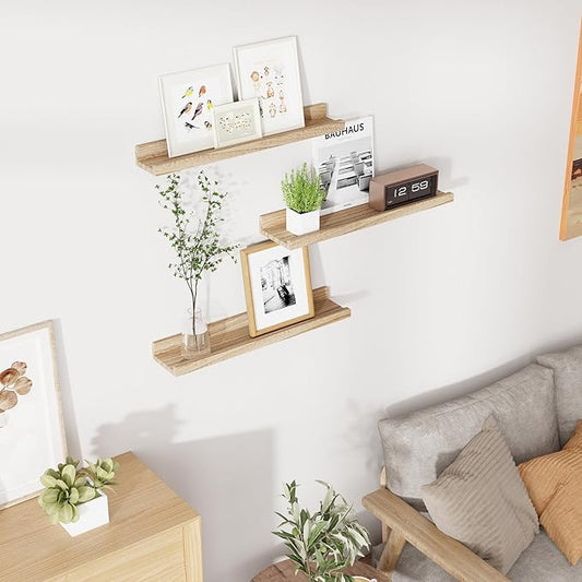 RICHFOCUS Floating Shelves for Wall, 24 inch Solid Wood Picture Ledge Shelf for Wall Storage, Nursery Book Shelves with Lip for Living Room Bathroom Bedroom Kitchen, Set of 3, Carbonized Black