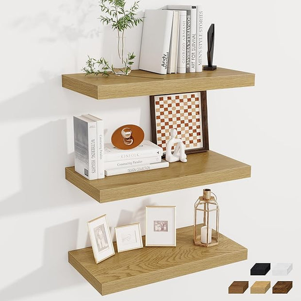 Fun Memories 24 x 12 Inch Deep Floating Shelves, 12 Inch Deep Rustic Wooden Book Shelf, Extra Deeper & Thicker Hanging Shelves for Living Room, Bathroom, Bedroom, Kitchen, Office, Set of 3 (Oak)